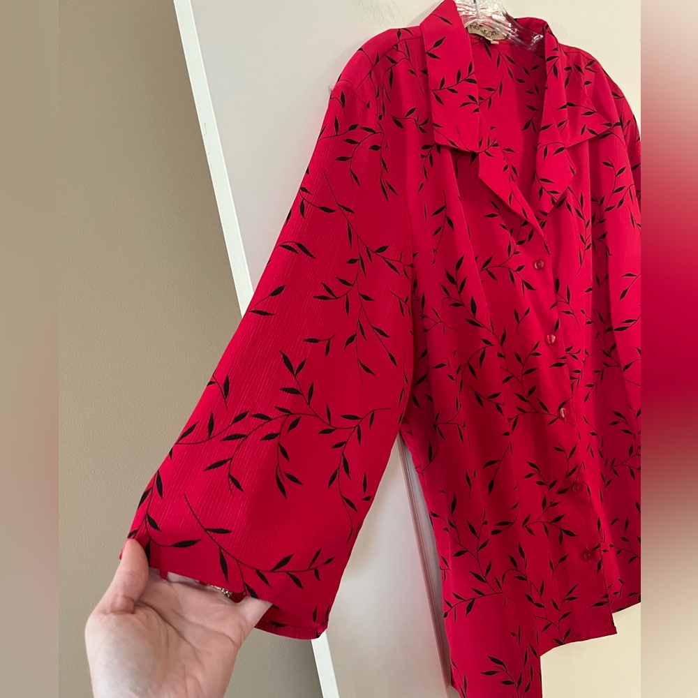 Notations Red Leaf Print Button Down Blouse Women… - image 5
